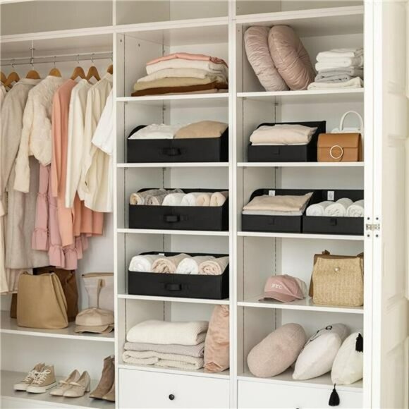 Closet Organizer Storage Bins Fabric Shelf Baskets Foldable 3 Pack Black - Picture 4 of 7